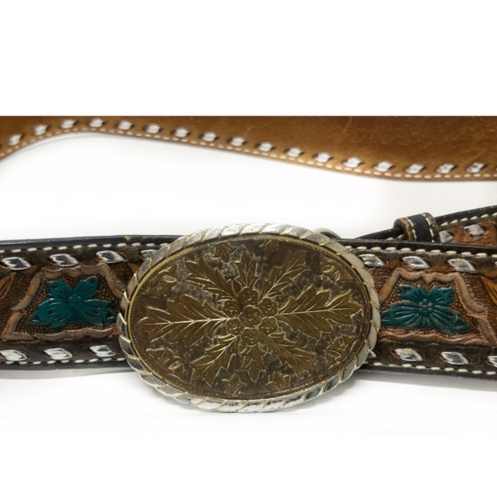 Vintage Western Leather Large Buckle Belt